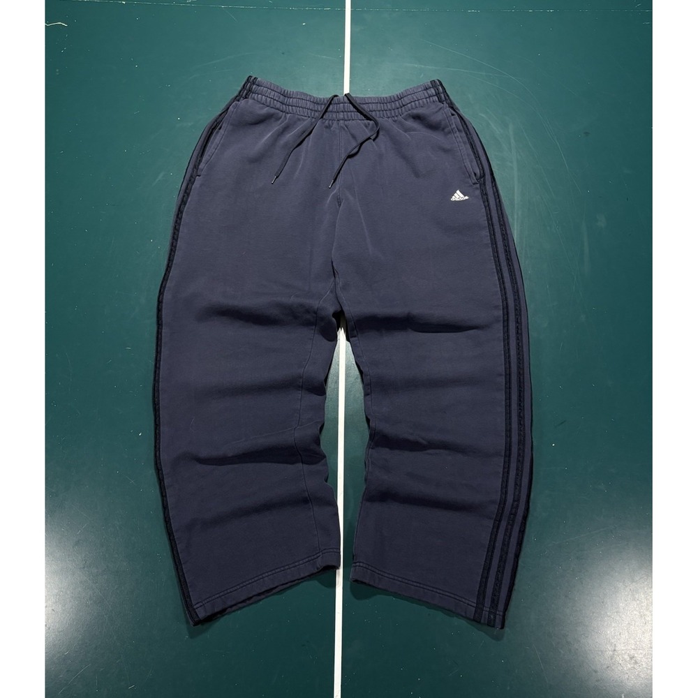 Vtg Adidas Sweatpants Men Large Faded Navy Blue Stripe Baggy Wide Leg Cotton Y2K